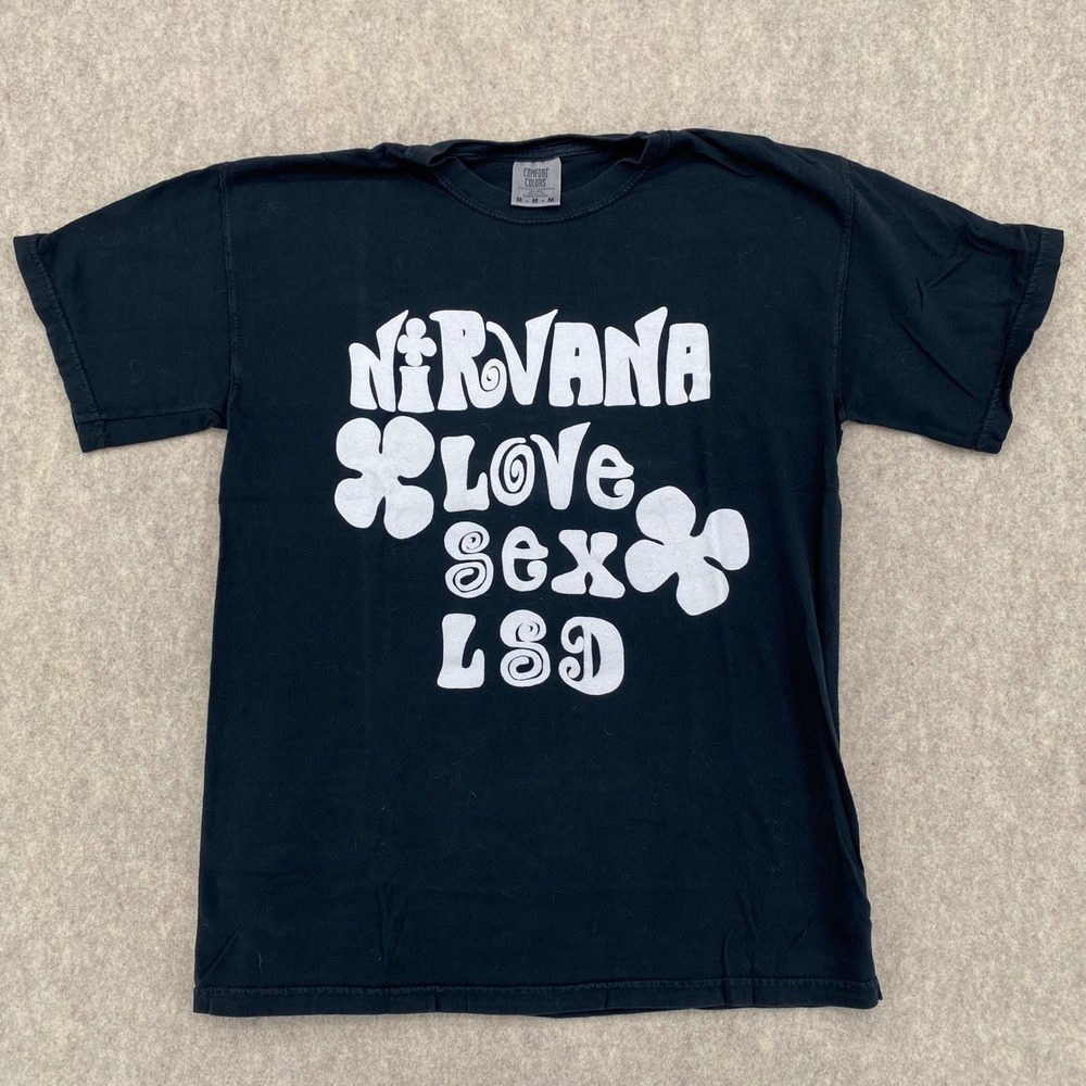 Comfort Colors Nirvana Love Sex LSD Graphic T-Shirt Black Mens Medium Retro Tee